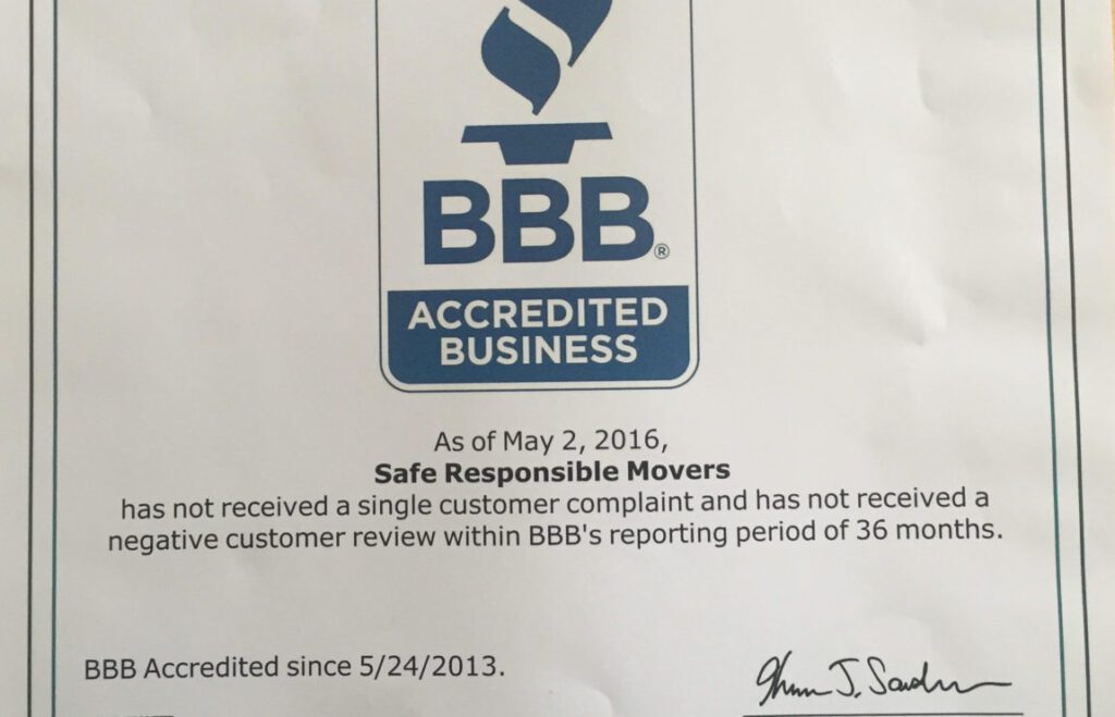 Movers Reviews - The Better Business Bureau says no complaints for Safe Responsible Movers!