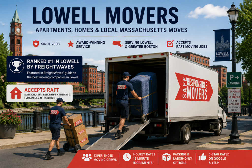 Safe Responsible Movers truck and moving crew serving apartments, homes and RAFT customers in Lowell, Massachusetts.